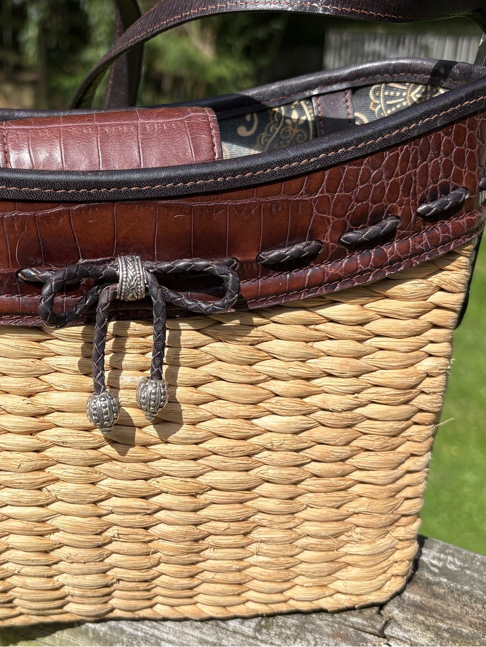 Brighton Woven Straw Tote with Leather Trim and Silver Accents with heart charm